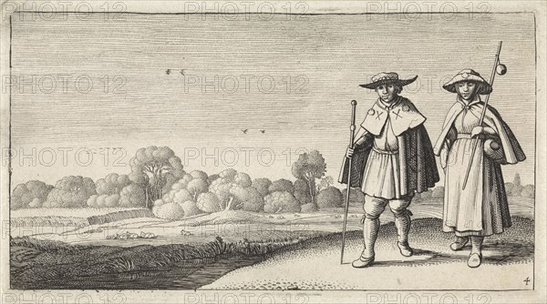 Two pilgrims in a landscape, Jan van de Velde (II), Claes Jansz. Visscher (II), 1603 - 1652