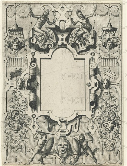Cartouche in a frame of scroll work with grotesques, Johannes or Lucas van Doetechum, Hans Vredeman de Vries, Hieronymus Cock, c. 1555 - c. 1560