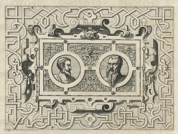 Cartouche surrounded by moresque motives, Johannes or Lucas van Doetechum, Hans Vredeman de Vries, Hieronymus Cock, c. 1555 - c. 1560