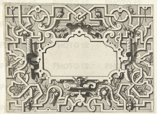 Cartouche surrounded by moresque motives, Johannes or Lucas van Doetechum, Hans Vredeman de Vries, Hieronymus Cock, c. 1555 - c. 1560