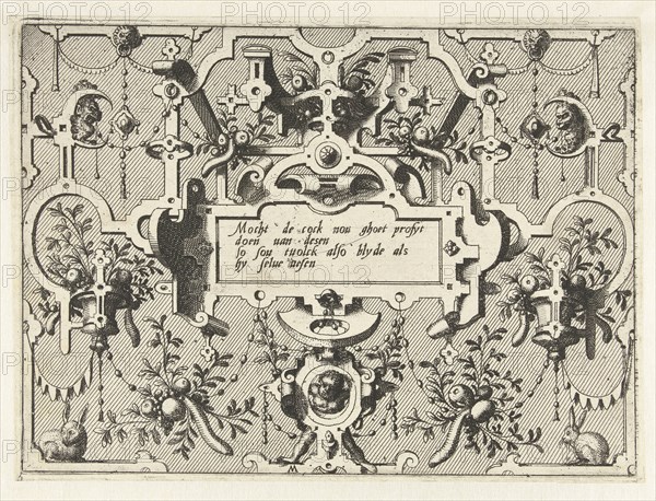 Cartouche with grotesques, bottom center is a child, print maker: Johannes or Lucas van Doetechum, Hans Vredeman de Vries, Hieronymus Cock, c. 1555 - c. 1560