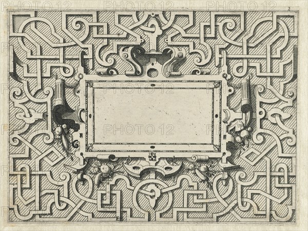 Rectangular cartouche surrounded by moresque motives, Johannes or Lucas van Doetechum, Hans Vredeman de Vries, Hieronymus Cock, c. 1555 - c. 1560