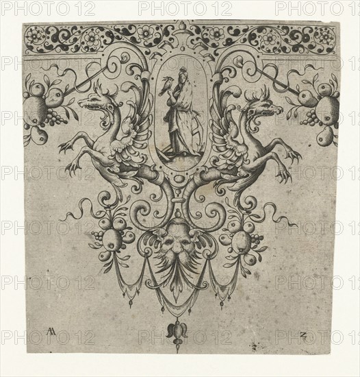 Ornament featuring a winged creature and a woman holding a bird, Germany, Anonymous, 1615