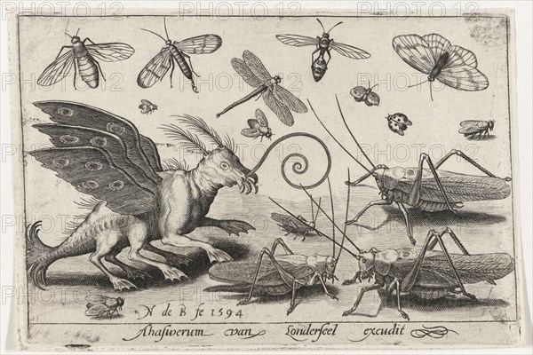 Locusts and fantasy creature with wings and webbed, Nicolaes de Bruyn, 1594