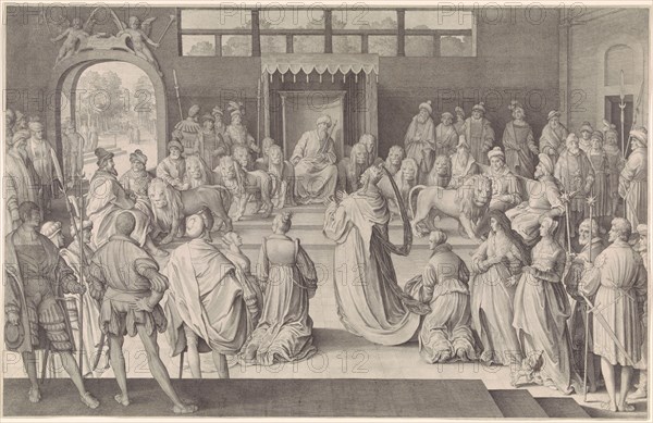 The Queen of Sheba kneels before King Solomon in the throne room, on either side of the throne of Solomon six lions, print maker: Nicolaes de Bruyn (mentioned on object), Dating 1621