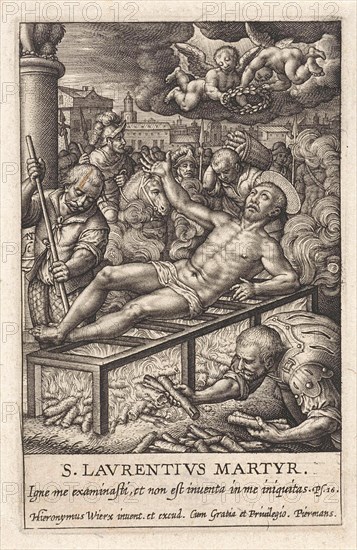 St. Lawrence laying on a lattice, a fire burns, his executioners stoke the fire, the prefect is watching, surrounded by other spectators, two angels from heaven let descend a laurel wreath, print maker: Antonie Wierix (III) (attributed to), Dating 1606 - 1619