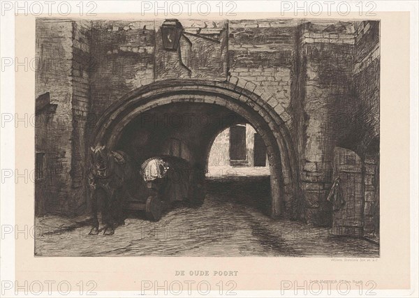 Vehicle with horse under an old port, print maker: Willem Steelink II, Mouton & Co., 1889