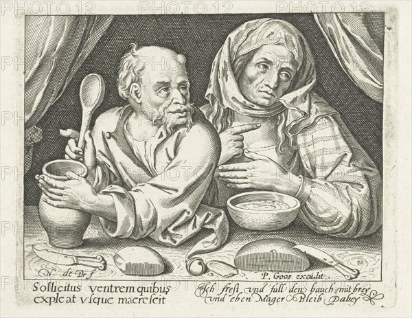 Man and woman eating porridge, Nicolaes de Bruyn, Pieter Goos, 1581 - 1656