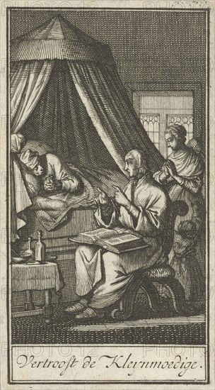Praying figures at the bedside of a sick person, Jan Luyken, Barent Bos, 1714