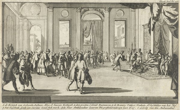 Laurens Pit visit Sultan Abul Hasan Qutb Shah of Golkonda to give him a commission, India, print maker: Jan Luyken, Jan Claesz ten Hoorn, 1693