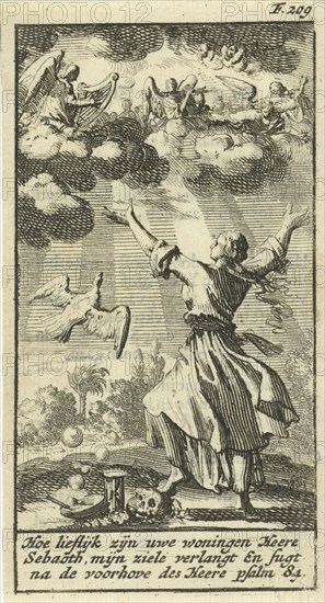 Woman listening with outstretched arms to the choir of angels in the clouds above her, Jan Luyken, Gijsbert de Groot, 1691