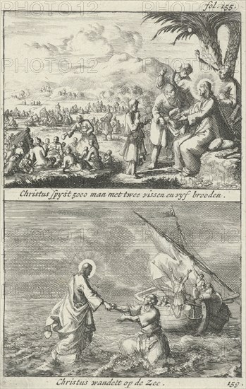 Miraculous multiplication of loaves and fishes by Christ and Christ on the water, Jan Luyken, Jan Claesz ten Hoorn, 1690