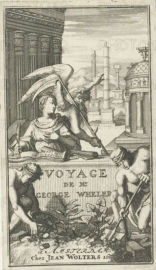 Father Time pointing out classic monuments to a woman who is writing, print maker: Jan Luyken, Joannes Wolters, 1689