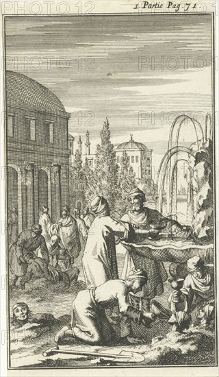 Healing fountain in Constantinople, Istanbul, Turkey, where the sick are buried and watered into the soil, print maker: Jan Luyken, Charles Angot, 1689