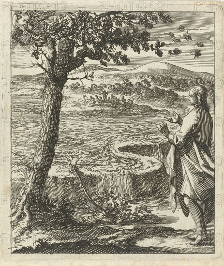 A man is witnessing a dike breach, Jan Luyken, wed. Pieter Arentsz (II), 1689