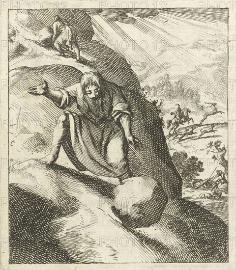A man looks at a big stone rolling down a mountain after it slipped out of his hands, Jan Luyken, wed. Pieter Arentsz (II), 1689