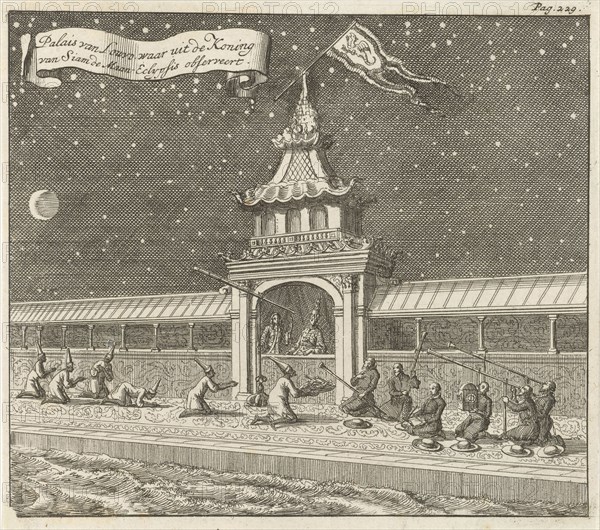 King of Siam (Thailand) observes the lunar eclipse from his palace, Jan Luyken, Aart Dircksz Oossaan, 1687