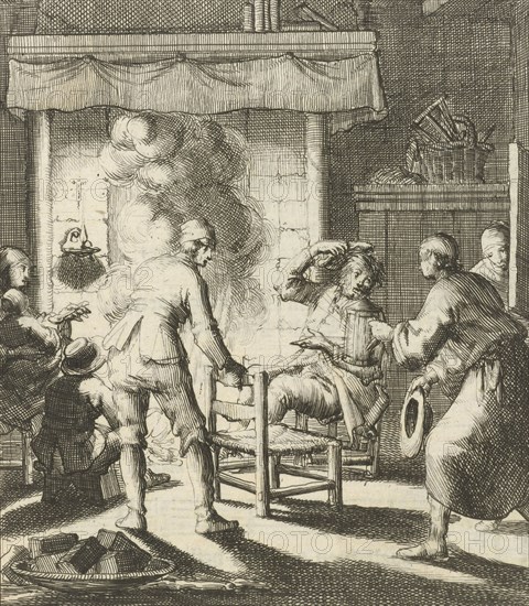 Five people around the fire to welcome the writer Willem Sluiter, Jan Luyken, Gerbrandt Schagen, 1687