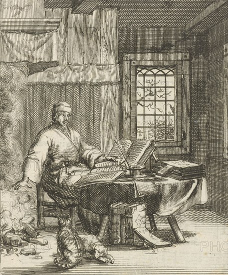 The writer Willem Sluiter sits at a table with folios and warms his hands by the fire, Jan Luyken, Gerbrandt Schagen, 1687