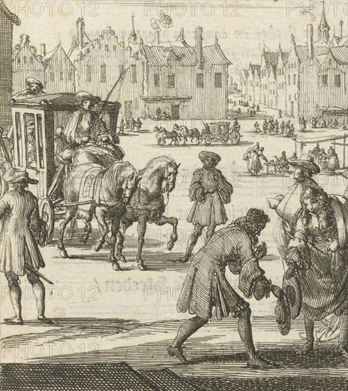 The city life that the writer Willem Sluiter had left: big square with carriage and different people, Jan Luyken, Gerbrandt Schagen, 1687