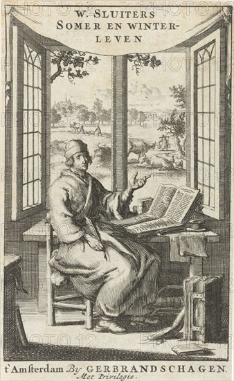The writer Willem Sluiter at his desk with an open window, print maker: Jan Luyken, Gerbrandt Schagen, Anonymous, 1687