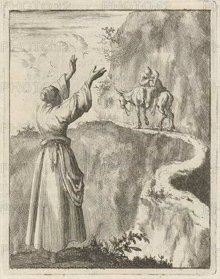 Woman looks startled at a sleeping man who bestrides a narrow mountain on a donkey, print maker: Jan Luyken, Pieter Arentsz II, 1687
