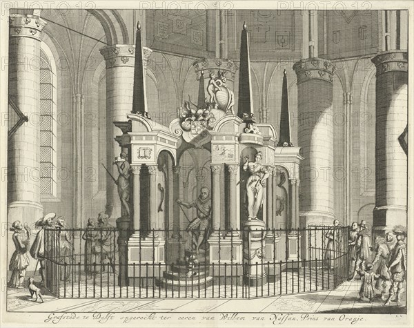 The tomb or mausoleum of William of Orange in the New Church in Delft, The Netherlands, completed in 1623, with visitors around the fence, print maker: Jan Luyken (mentioned on object), Dating 1679 - 1684