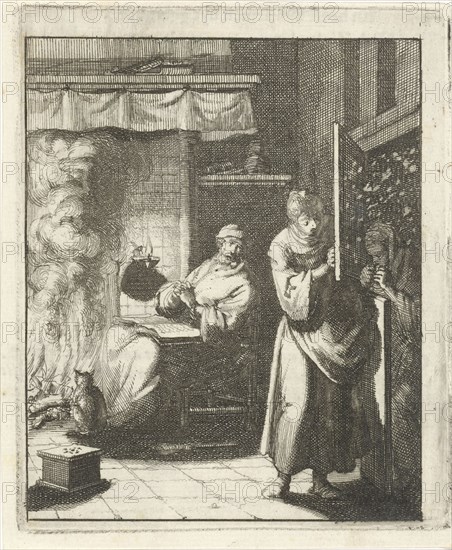 Woman opens the door for a figure who stands outside in a snowstorm, Jan Luyken, Pieter Arentsz II, 1687