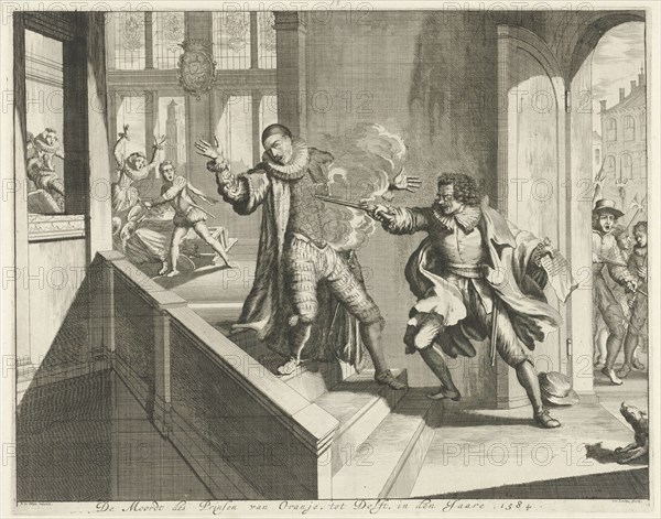 Murder of the Prince of Orange, 1584, Jan Luyken, widow Joannes van Someren, Abraham Wolfgang, 1679-1684