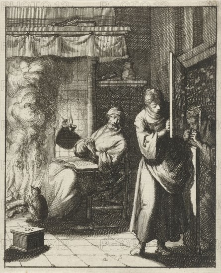 Woman opens the door for a figure who stands outside in a snowstorm, Jan Luyken, Pieter Arentsz II, 1687