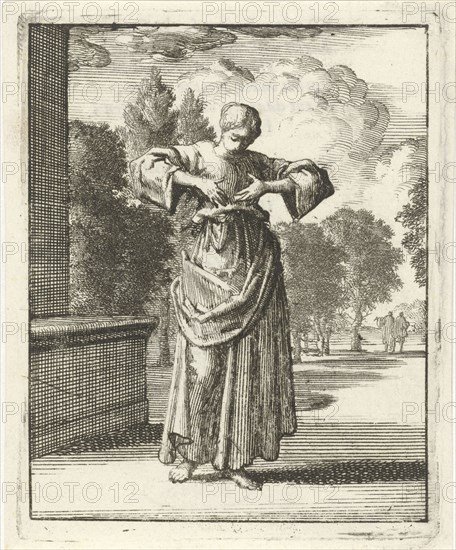 Woman touches her own bosom, Jan Luyken, Pieter Arentsz (II), 1687
