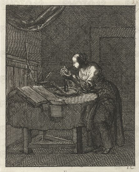 Woman blowing at a glowing candle wick, Jan Luyken, Pieter Arentsz (II), 1687