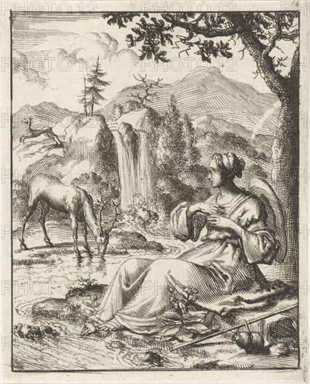 On the banks of a stream a woman sees a deer drinking, Jan Luyken, Pieter Arentsz II, 1687