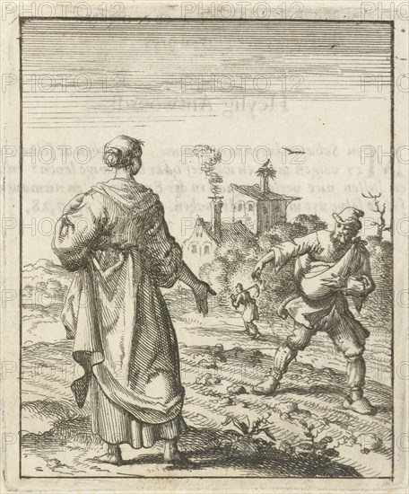 Female beholds a farmer sowing, Jan Luyken, Pieter Arentsz II, 1687