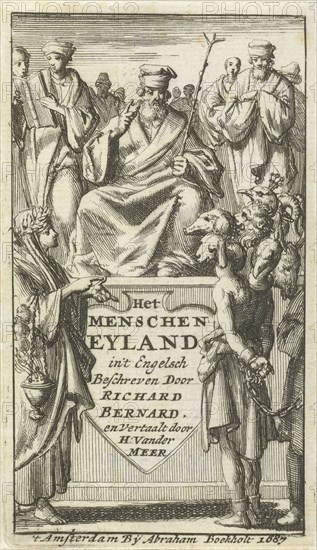 Judge listening to the indictment which brings out a woman against the personification of the deadly sins, Jan Luyken, Abraham Boekholt, 1687