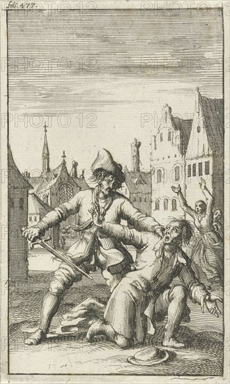 Unarmed man is threatened in the street by a man with a sword, Jan Luyken, Jan Bouman, 1685
