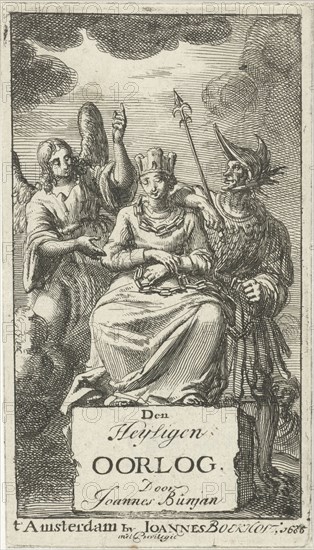 Garland and chained woman flanked by an angel and a soldier, Jan Luyken, Johannes Boekholt 1685