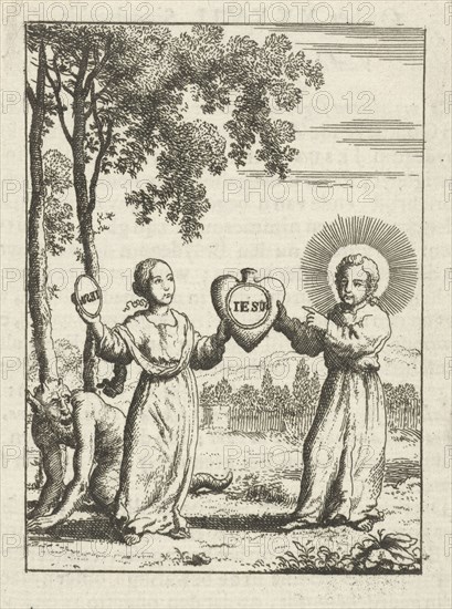 Christ and the personified soul together holding a heart with the text "Iesus", print maker: Jan Luyken, Pieter Arentsz II, 1678 - 1687