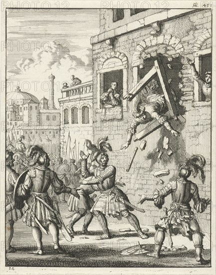 Henry II, Count of Champagne, plummeting through a broken window frame, Jan Luyken, Timotheus ten Hoorn, 1683