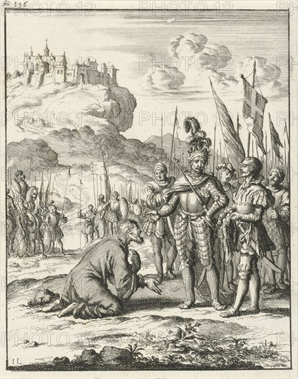 Isaac Komnenos of Cyprus is kneeling in front of Richard the Lionheart, Jan Luyken, Timotheus ten Hoorn, 1683