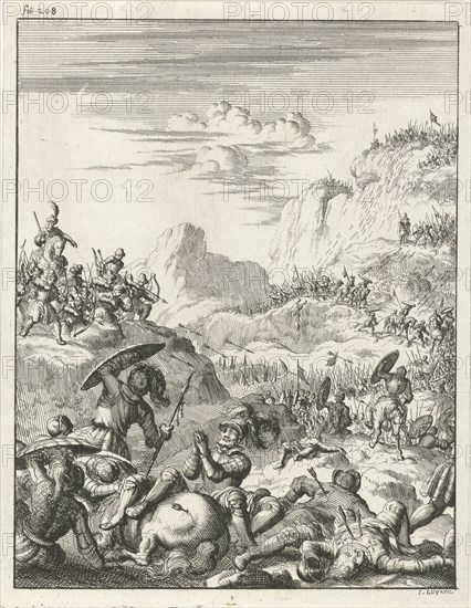 Army of the Emperor Conrad III betrayed and in the mountains raided by the Saracens, print maker: Jan Luyken, Timotheus ten Hoorn, 1683