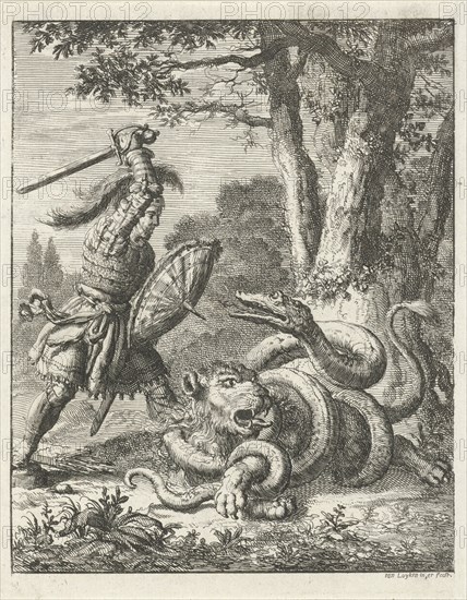Godfrey of Bouillon free a lion from the stranglehold of a snake, Jan Luyken, 1683