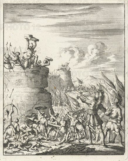 Attack on a fortress where a Turk is hit by arrows, print maker: Jan Luyken, Timotheus ten Hoorn, 1683