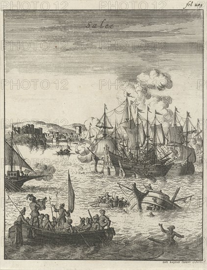 Sea battle off the coast of Salee, Morocco, Jan Luyken, 1684