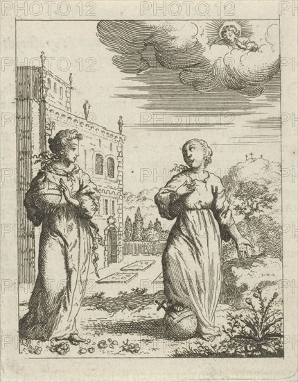 Lady World and the personified soul tramples an orb, Jan Luyken, Pieter Arentsz II, 1678-1687