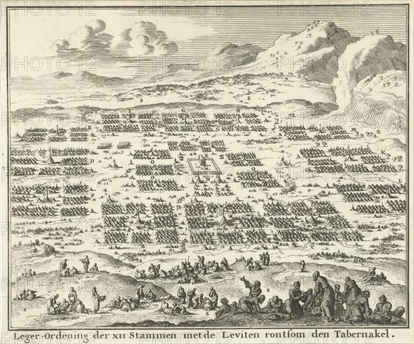 Tent Camps of the twelve tribes of Israel arranged around the tabernacle, Jan Luyken, Willem Goeree, 1683