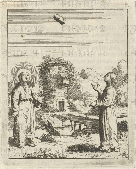 Christ and the personified soul behold a falling stone, print maker: Jan Luyken, Pieter Arentsz II, 1678 - 1687