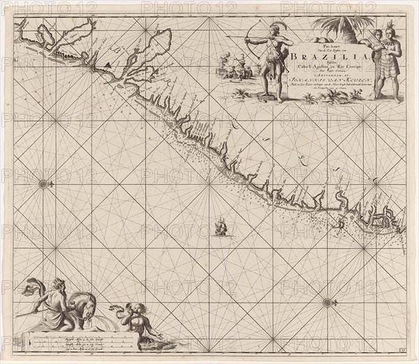 Sea chart of part of the east coast of Brazil, print maker: Jan Luyken, Claes Jansz Voogt, Johannes van Keulen I, 1683 - 1799