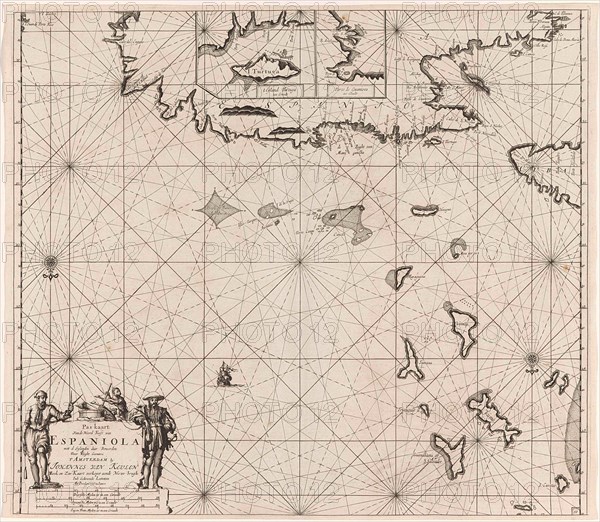 Sea chart of the north coast of Hispaniola, with two insert cards, print maker: Jan Luyken, Claes Jansz Voogt, Johannes van Keulen I, 1684 - 1799