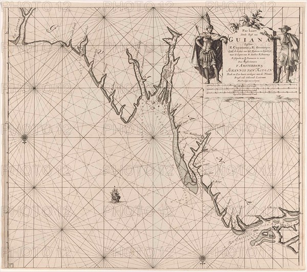 Sea chart of part of the coast of Suriname and Guyana, print maker: Jan Luyken, Claes Jansz Voogt, Johannes van Keulen I, 1684 - 1799